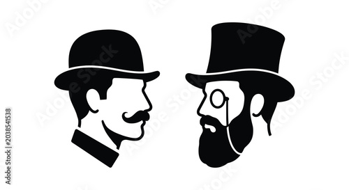 Tableau sur toile two men in hats and facial hair silhouette black white profile view top hat bowl