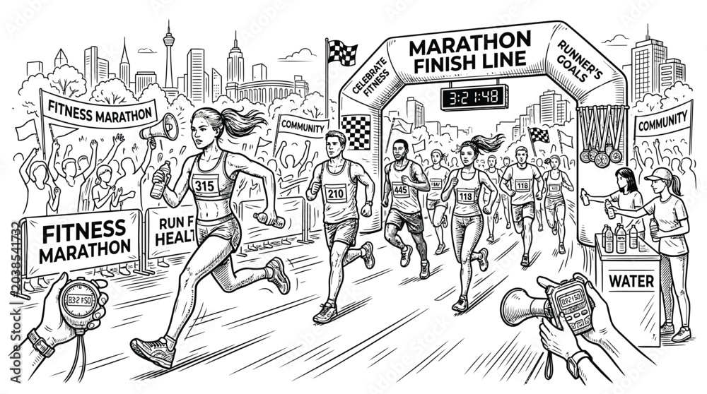 Obraz premium Marathon runners crossing the finish line in a city race event with cheering crowds and banners