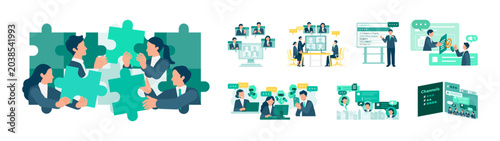 Modern business people seamlessly connecting through smart technology tools, enhancing workplace communication with AI chatbots, digital signage, and business messaging flat illustration set