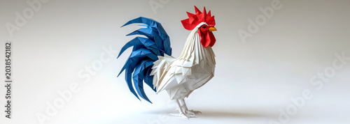 Intricate paper origami rooster folded in the blue, white, and red colors of the French flag standing on a clean light background.