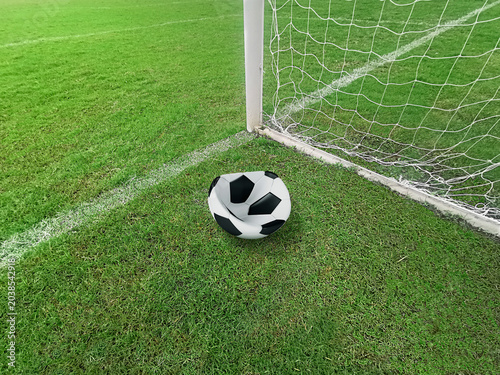 Deflated soccer ball on green grass field near the goal post, failure or missed opportunity concept
