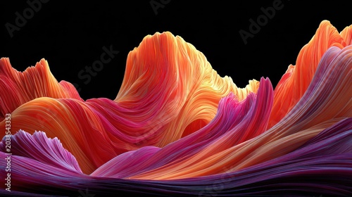 Three dimensional flowing abstract terrain displays vibrant warm and cool hues against absolute black