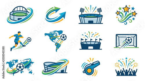Collection of soccer sport icons and symbols.