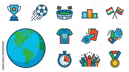 Collection of soccer sport icons and symbols for game celebration.