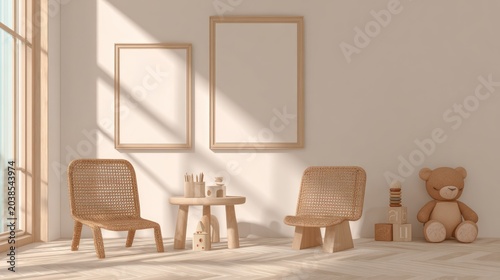 Minimalist interior space features light wooden furniture and empty picture frames bathed in sunlight