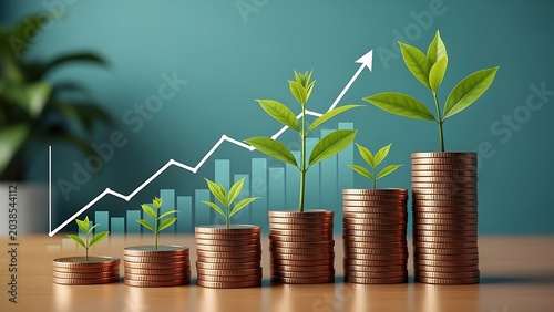 Financial growth concept with stacks of coins and green plants growing on top against a rising arrow chart background