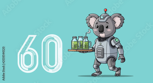 Canvas Print Cute Robot Koala Serving Hot Drinks with Number Sixty Background