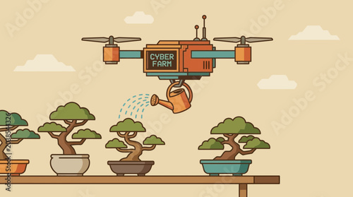 Cybernetic Drone Watering Bonsai Trees Illustration