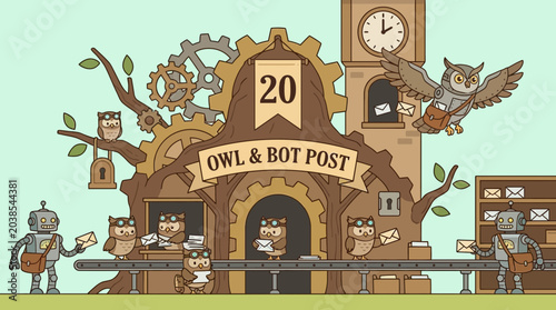 Fantasy Owl and Robot Post Office Illustration