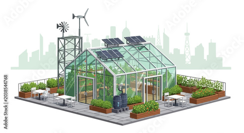 Bild auf Leinwand Sustainable Rooftop Greenhouse with Solar Panels and Wind Turbine