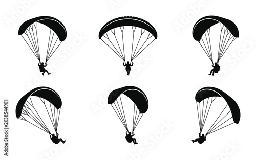 Paragliding Silhouettes, Extreme Sports Parachutist Icons, Adventure Aviation Vector Set