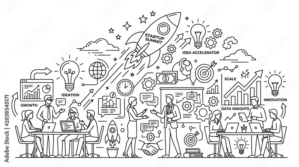 Obraz premium Business startup concept illustration featuring team collaboration with rocket launch icons and professional growth strategy elements