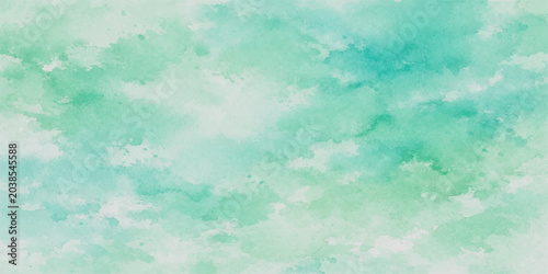 Tableau sur toile Abstract blue and green watercolor sky background with clouds, sunlight and airy