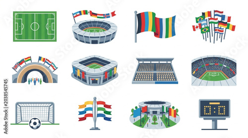 Collection of Soccer Stadiums and Sports Icons.