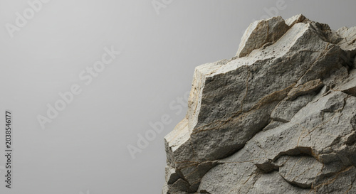 Close up of a rough textured grey rock formation with sharp edges and cracks against a plain light grey background