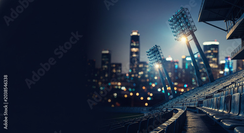 Modern Stadium Lights Illuminate Empty Seats Against a Blurred City Skyline at Night with Bokeh Effects