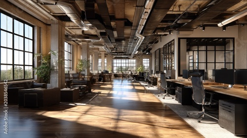 Expansive open-plan workspace features industrial design elements bathed in sunlight