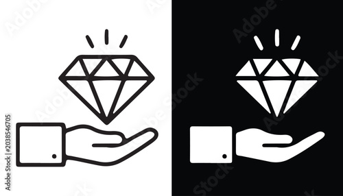 Canvas Print Diamond on Hand Icon: A minimalist icon depicts a hand offering a brilliant diamond, symbolizing value, luxury, and preciousness