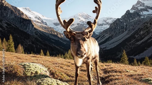 Majestic reindeer stands in a mountain landscape with snow capped peaks