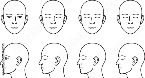 Eight bald head illustrations in front and side views, black lines