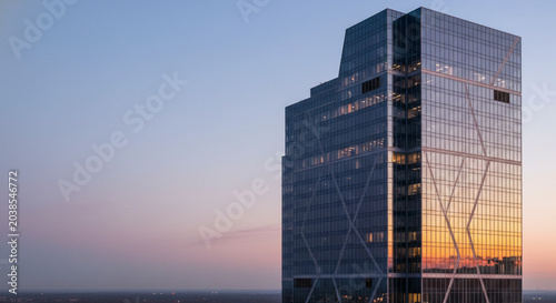 Modern Glass Skyscraper Reflecting Sunset Sky with Geometric Facade and Cityscape Horizon at Dusk