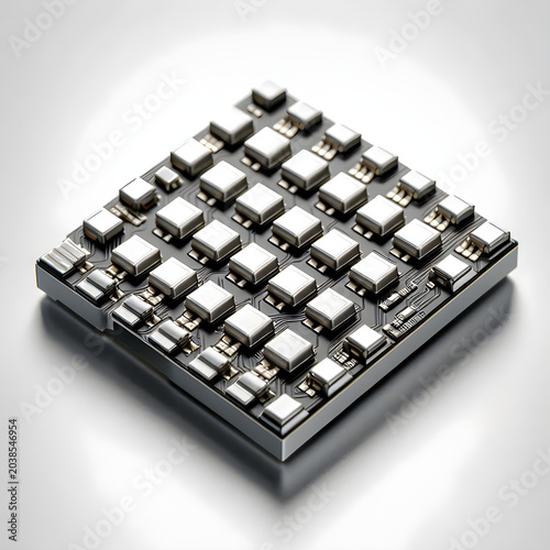 Highly integrated microelectronic component array, featuring intricate circuitry and precise engineering, representing the future of compact digital technology and advanced computing