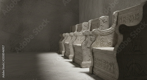 Ancient Stone Throne Room with Ornate Carvings and Dramatic Lighting Showcasing Royal Seating Arrangement