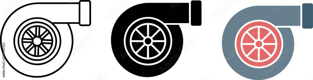 Fototapeta premium Car turbocharger vector icon set featuring outline solid and colorful booster icons for automotive performance garage design