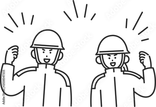 ガッツポーズをする消防士の男女のイラスト　線画のみ