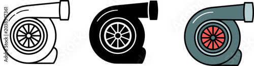 Bild auf Leinwand Turbocharger vector icon set featuring linear silhouette and colored flat design