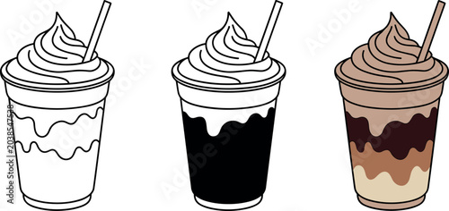 Obraz na płótnie Milkshake frappuccino vector cup illustration set with whipped cream straw outli