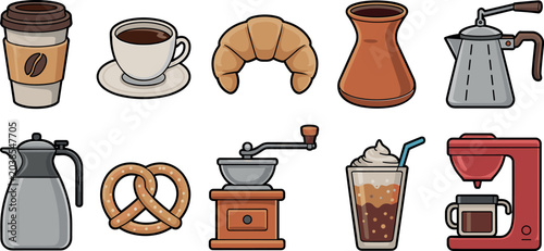Cuadro en lienzo Coffee shop icon vector set with espresso machine grinder cezve moka pot takeawa