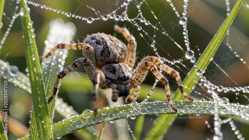 Spider Meticulously Spinning Web Amidst Dew-Kissed Grass