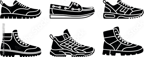 Tableau sur toile Men shoes and boots vector icon set with black silhouette sneaker trainer loafer