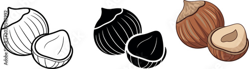 Quadro su tela Fresh hazelnut vector icon set with outline black silhouette and brown colored o