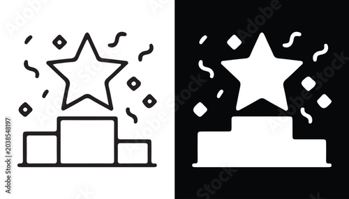 Obraz na płótnie Victory Podium Icon: A minimalist icon depicting a star atop a podium with confetti, symbolizing achievement, success, and first place, available in both black and white for versatile use