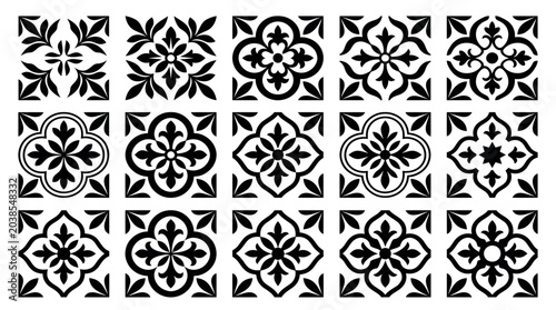 Set of black and white vintage floral tile patterns with ornate geometric ornaments on white background, provides aesthetic solutions for interior home decoration or stylish textile branding