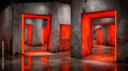 Repetitive concrete doorways illuminated by intense fiery orange light create a deep, ominous corridor.