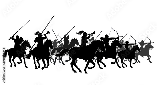 Canvas Print Silhouette of ancient warriors on horseback with spears and bows, charging forwa