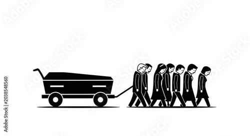 Canvas Print Somber Procession: Figures Pulling Coffin on Cart, Funeral, Grief, Mourning