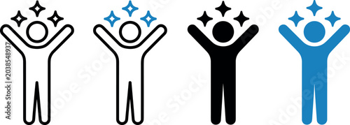 Successful person icon set featuring happy human figures with raised hands and shining stars in outline and solid vector illustration