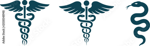 Fotografía Caduceus and rod of asclepius medical symbol set featuring blue pharmacy signs w