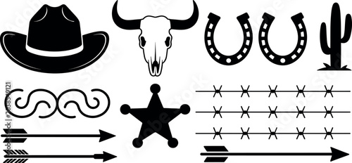 Quadro su tela Wild West cowboy element bundle featuring black silhouettes of hat bull skull ho