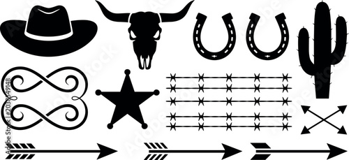 Obraz na płótnie Wild West cowboy element bundle featuring black silhouettes of hat bull skull ho