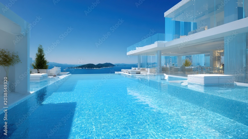 Fototapeta premium Luxurious modern resort architecture features an expansive infinity edge swimming pool overlooking the ocean expanse