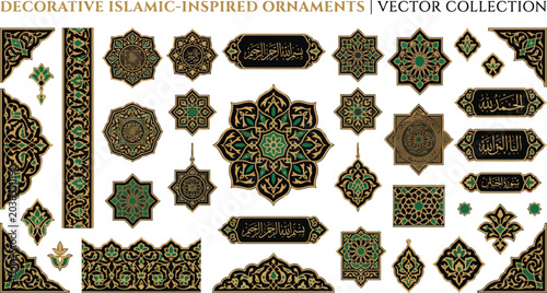 Decorative Islamic ornament vector collection with luxury golden and green arabesque patterns, traditional geometric mandalas, borders, and Arabic calligraphy elements