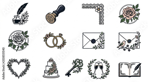 Konstfotografi Collection of Vintage Wedding and Love Icons with Floral Elements