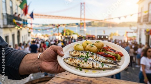Mão a Segurar Prato com Sardinhas Assadas, Batatas Cozidas e Pimentos Assados, com a Ponte 25 de Abril e o Rio Tejo em Lisboa. Santo António