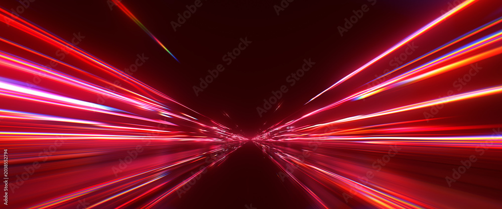 Fototapeta premium Cinematic high speed neon light trails background. Abstract futuristic digital tunnel with red and orange glowing laser lines. Fast motion blur or hyperspace jump concept. 3D concept render