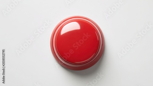 Hyper realistic single red button on clean white background, dramatic soft shadow, minimal modern design, concept of important decision and urgency